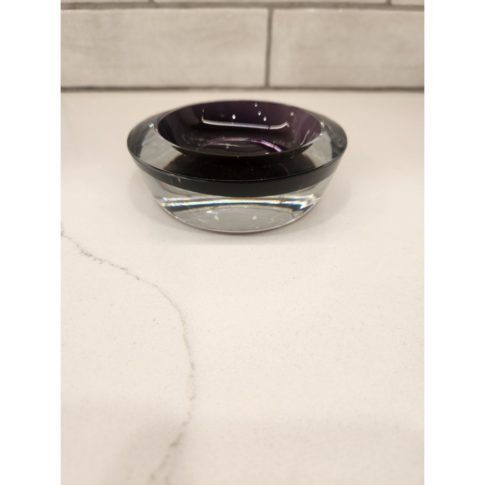 Vintage Stomberg 1995 Signed Dated Round‎ Glass Trinket Dish Bowl Clear & Purple